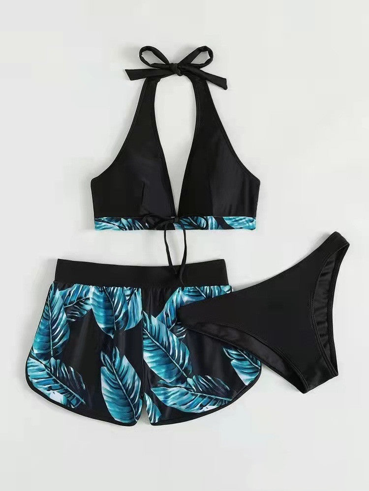 3-teiliger Bikini mit Blatt-Print