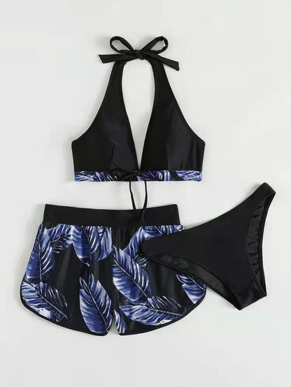 3-teiliger Bikini mit Blatt-Print