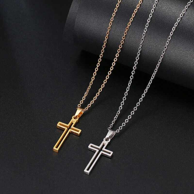 Edelstahl Kreuz Kruzifix Anhänger Halskette Gold Schmuck Damen Herren Kette