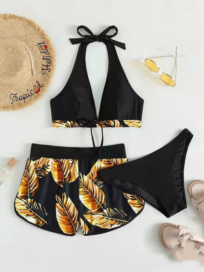 3-teiliger Bikini mit Blatt-Print