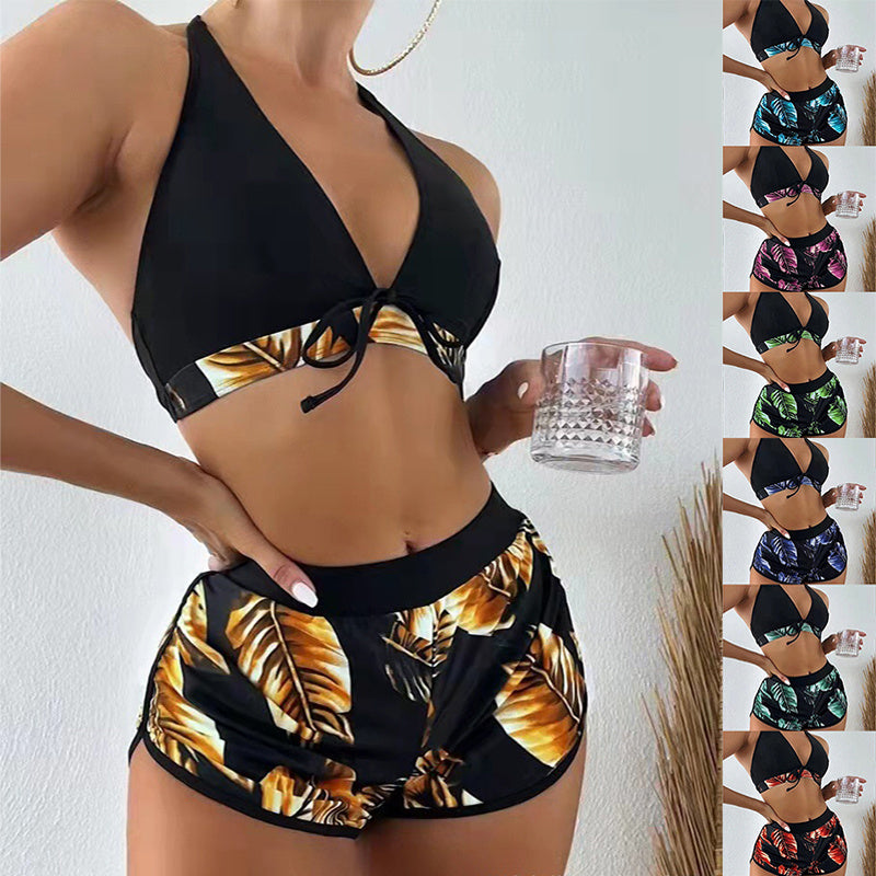 3-teiliger Bikini mit Blatt-Print